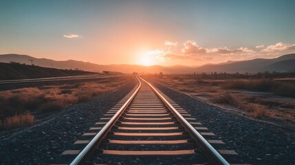 Fototapeta premium Train tracks disappearing into the horizon during a majestic sunset , train, tracks, horizon, majestic, sunset