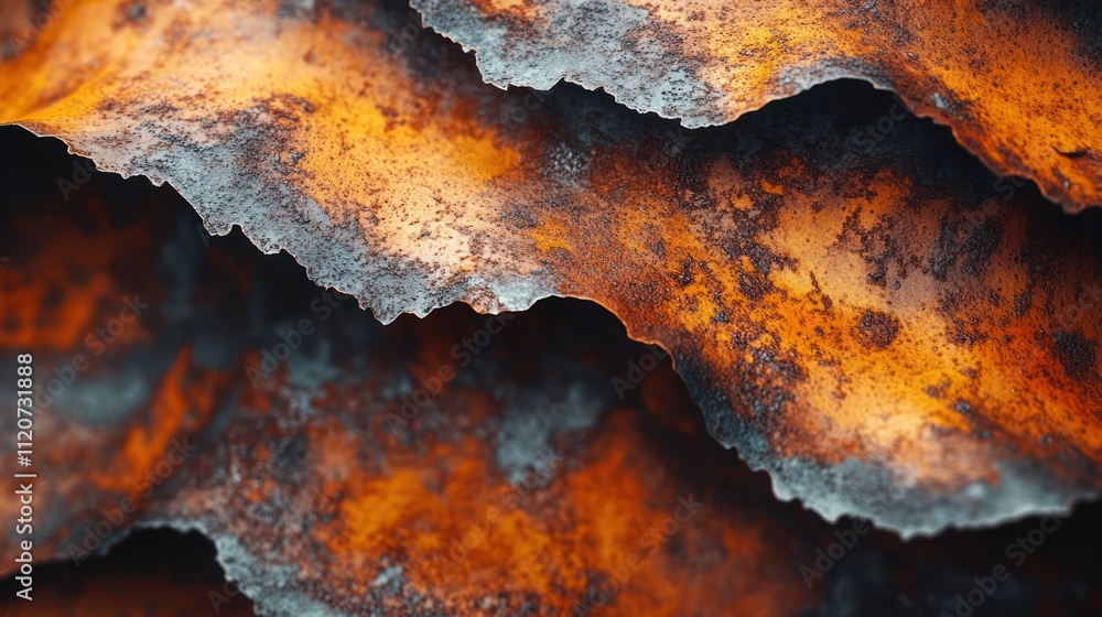 Poster close-up of layered rusty metal with texture and color variations.