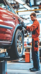 A mechanic working on a red car in an auto repair shop, using a wrench for maintenance.