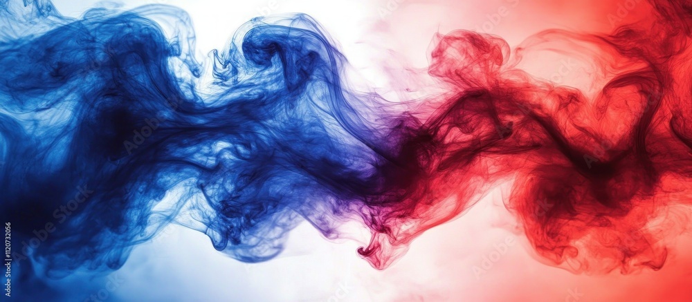 Poster dynamic abstract swirling ink splash of blue and red in water on white background