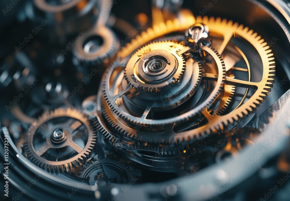 Poster high-resolution close-up of intricate metal gears and cogs in mechanical watch movement showcasing t