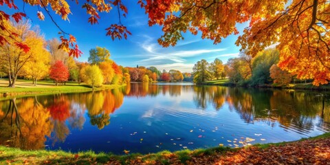 Beautiful autumn scenery in park with colorful leaves, peaceful lake, and clear blue sky , autumn, park, scenery, beautiful