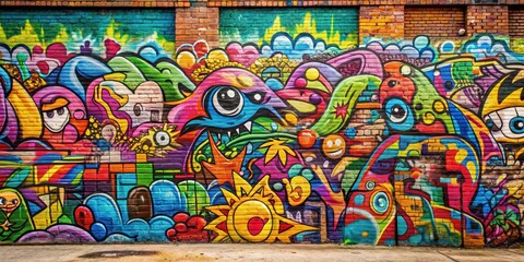 Fototapeta premium Colorful graffiti wall with various designs and names, urban, street art, spray paint, vandalism, city