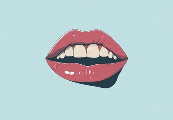Fototapeta premium Illustration of a Close-Up Mouth with Glossy Red Lips and Visible Teeth Against a Soft Blue Background, Perfect for Beauty and Fashion Themes
