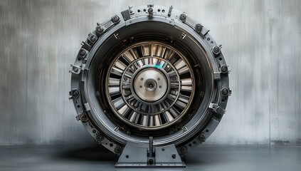 Obraz premium Industrial turbine with intricate rotating blades, showcasing engineering precision and modern design against a textured gray background, perfect for technology and innovation themes.