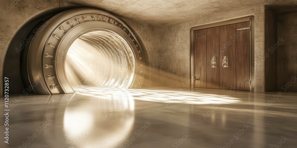 Aufkleber intricate bank vault entrance with illuminating light beams and polished floor, capturing an atmosph