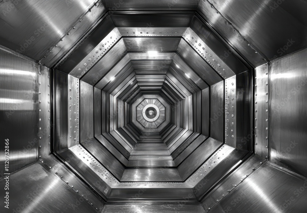 Poster intricate architectural design in silver tones: a geometric view of a metal structure with octagonal