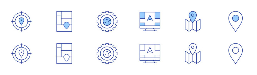 Map icon set in two styles, Duotone and Thin Line style. Editable stroke. aim, direction, treemap chart, map, gear, location