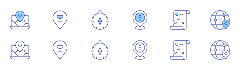 Map icon set in two styles, Duotone and Thin Line style. Editable stroke. dollar, map, globe grid, compass