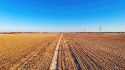 Rural autumn landscape with a dirt road leading to wind turbines in a harvested field under a clear blue sky.