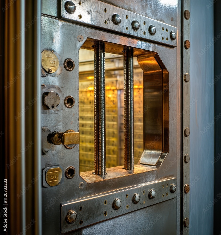 Poster intricate details of a secure vault door showcasing metalwork and locking mechanisms in an elegant b