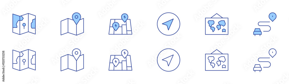 Poster map icon set in two styles, duotone and thin line style. editable stroke. navigator, world map, rout