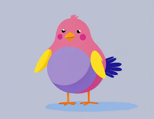 Fat bird with a round body, vibrant pink and yellow, purple wings, perched against a soft light blue background - generated by ai