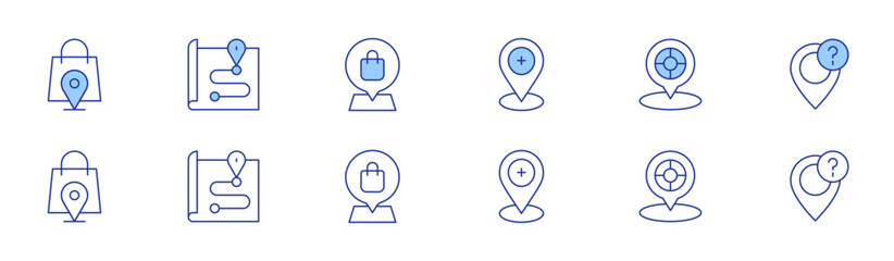 Map icon set in two styles, Duotone and Thin Line style. Editable stroke. shopping bag, map, location pin, placeholder, question