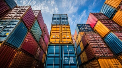 Fototapeta premium Colorful shipping containers stacked high against a blue sky.