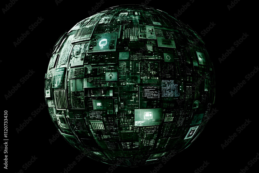Poster digital sphere composed of numerous screens displaying data.