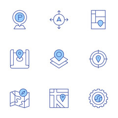 Map icons set. Line Duotone style, editable stroke. aim, location, treemap chart, map location, navigation, parking, gear, map, maps