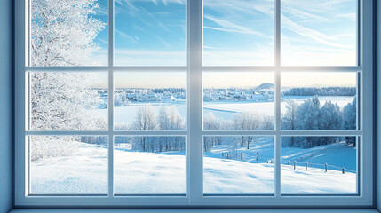 White window close-up with a beautiful winter landscape view