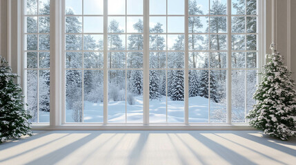 White window close-up with a beautiful winter landscape view