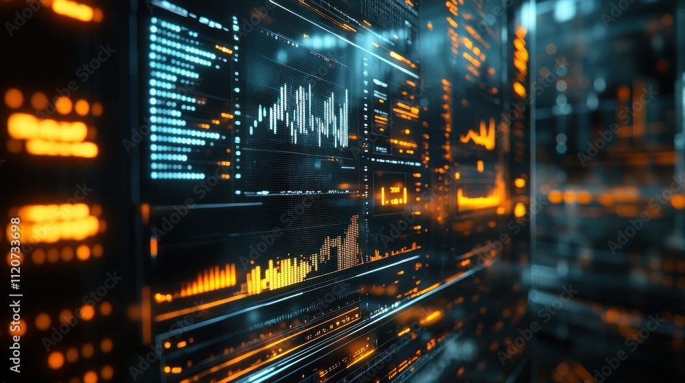 Aufkleber futuristic digital interface displaying stock market data and financial graphs with orange and blue 