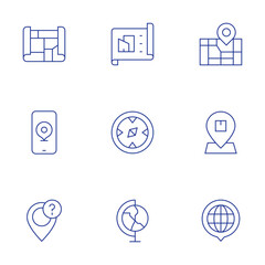 Map icons set. Thin Line style, editable stroke. architecture, city map, compass, distribution, earth, globe, maps, phone, question