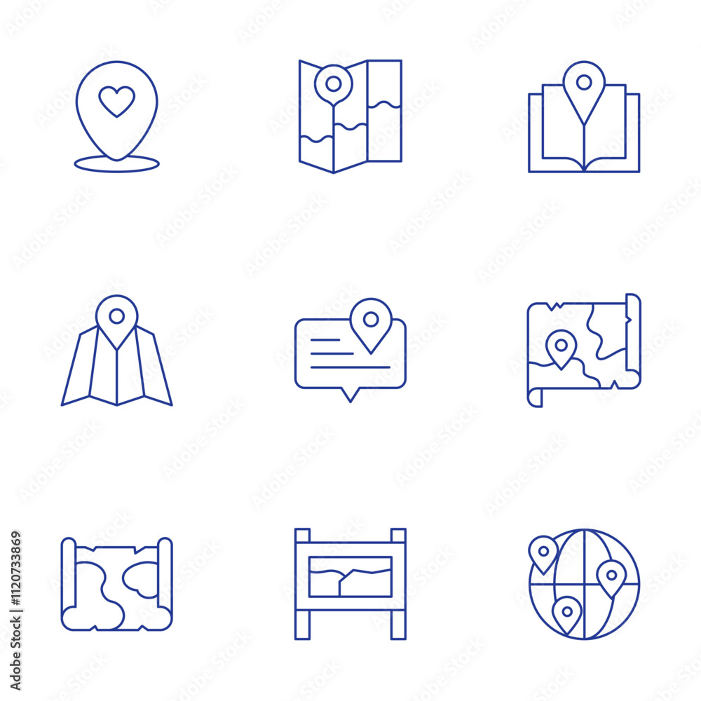 Aufkleber map icons set. thin line style, editable stroke. guide book, map, map location, map marker, map sign