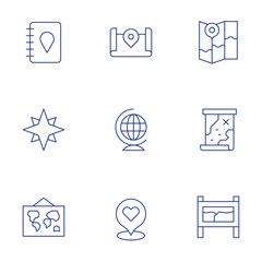 Map icons set. Thin Line style, editable stroke. guide book, map, map marker, winds star, world, world map, map sign, street map, treasure map