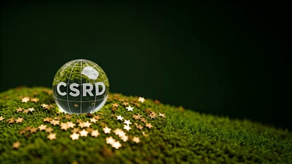 picture of a glass globe with "CSRD" etched on it, resting on a bed of moss surrounded by small gold stars, representing the EU's Corporate Sustainability Reporting Directive.