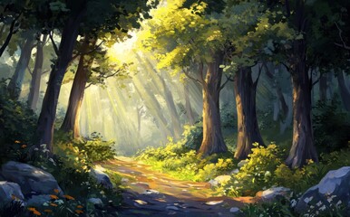Lush Green Forest Pathway Bathed in Soft Sunlight with Gentle Rays Streaming Through Tall Trees in a Serene Natural Setting
