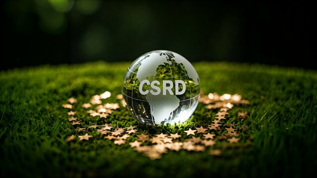 A clear globe with "CSRD" displayed, resting on lush green grass surrounded by star-shaped patterns, symbolizing sustainability.