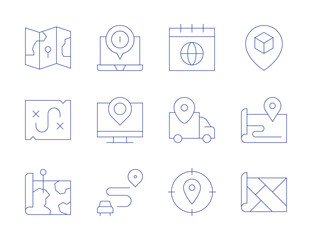 Map icons. Thin Line style, editable stroke. calendar, delivery, geo, location, map, money, placeholder, route