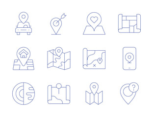Map icons. Thin Line style, editable stroke. car sharing, destination, geography, location, map, maps, phone, question