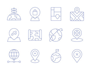 Map icons. Thin Line style, editable stroke. location pin, map, maps, orientation, placeholder, remove, server, treemap chart, visiting, worldwide