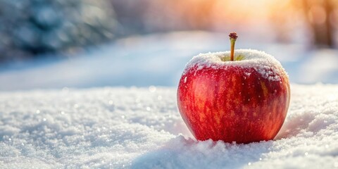 Fresh red apple covered in white snow, winter, fruit, cold, seasonal, white, frosty, nature, outdoors, macro, close-up, frozen