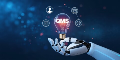Futuristic CMS Technology Concept with Robotic Hand Holding Lightbulb