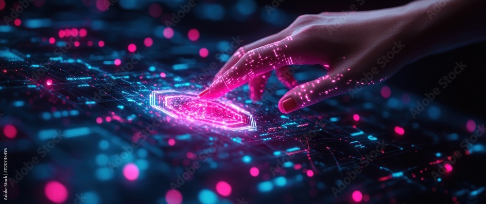 Poster digital interface technology holographic workspace cyberpunk aesthetic team collaboration data analy