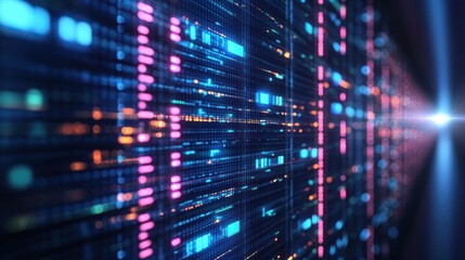 Abstract digital data stream flowing through a server rack, glowing with vibrant neon colors.