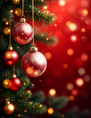 Christmas background In Red Shiny Glittering - Baubles Hanging Lights with copy space