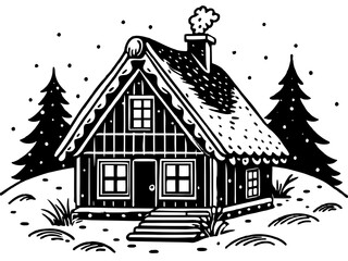 detailed illustration of a Scandinavian-style home with a grassy roof in a snowy landscape.