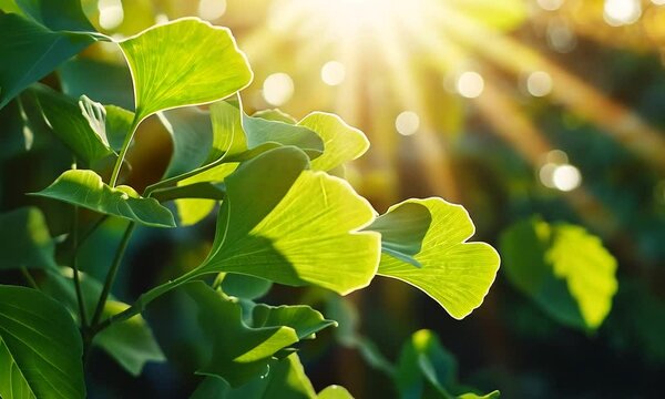 Sunlit ginkgo leaves glimmer in the soft light, showcasing nature's beauty and tranquility.