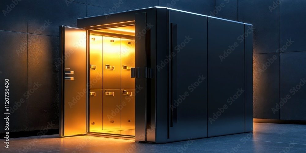 Poster modern secure vault with open door illuminated by warm light, showcasing a sleek and contemporary de
