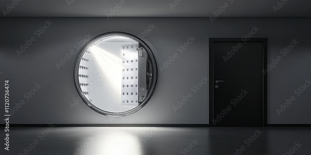Poster modern vault door open to reveal a secure storage space with bright light streaming inside a minimal