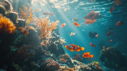 Fototapeta premium Tropical sea underwater fishes on coral reef. Aquarium oceanarium wildlife colorful marine panorama landscape nature snorkel diving