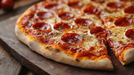 Delicious pepperoni pizza on wooden board.