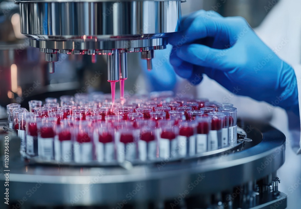Poster precision blood sample processing in a modern laboratory: a close-up view of automated equipment han