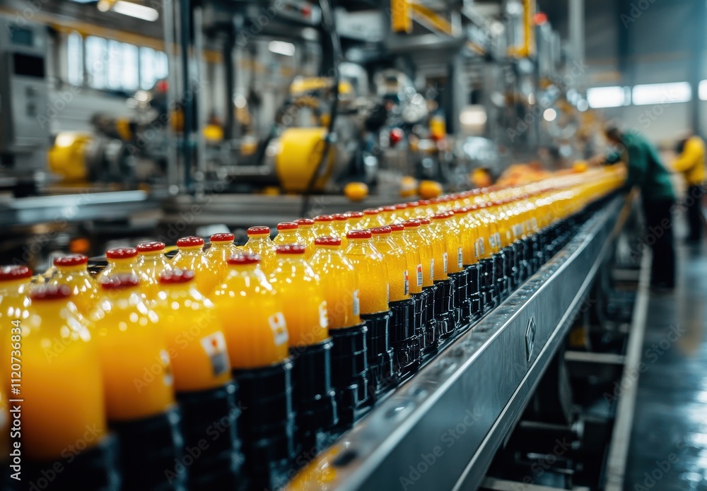 Poster production line of fresh orange juice bottles in a modern factory setting with workers engaged in qu