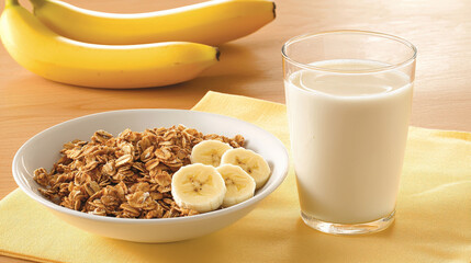 Granola with almond milk and sliced bananas creates nutritious breakfast setting