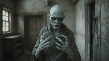 A humanoid figure with pale, cracked skin and long, spindly fingers, wearing a tattered cloak, standing silently in an abandoned house
