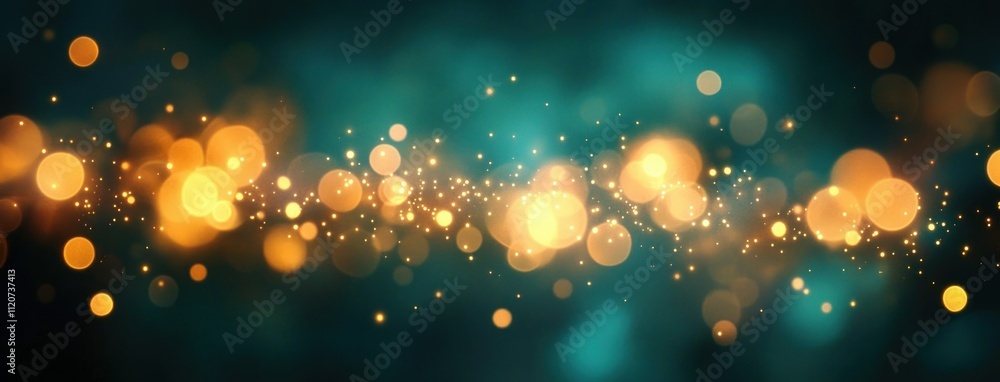 Poster abstract bokeh background with gold and teal glowing lights for festive events and design