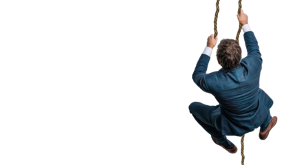 Businessman climbing rope signifies growth. transparent background